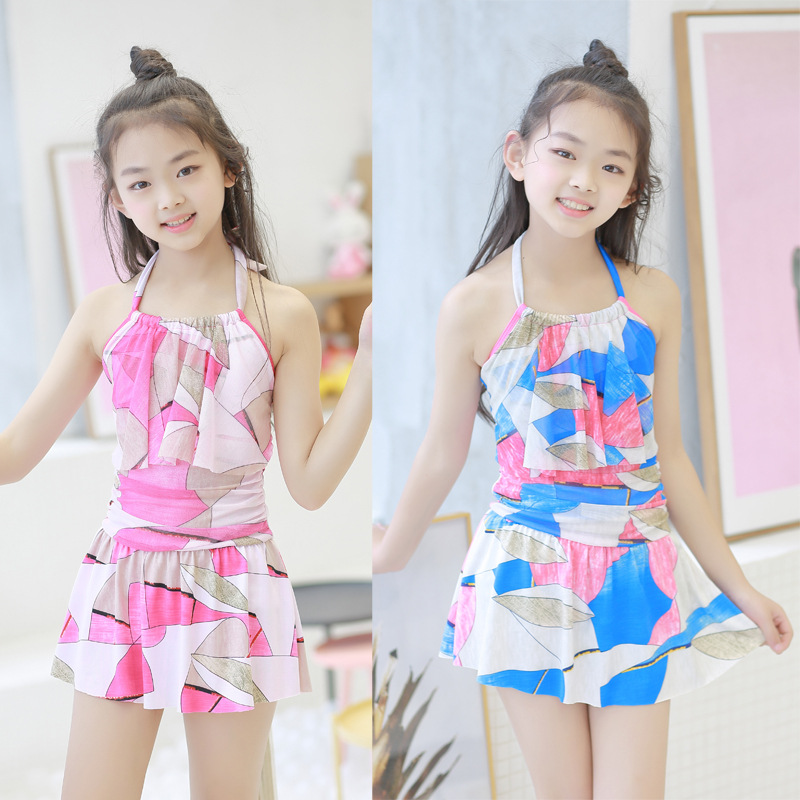 儿童泳衣韩版女童小中童小女孩可爱挂脖连体裙式泳装8-12岁