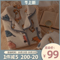 Lazy cat coral velvet pajamas womens autumn and winter thick cute casual long sleeve flannel home suit