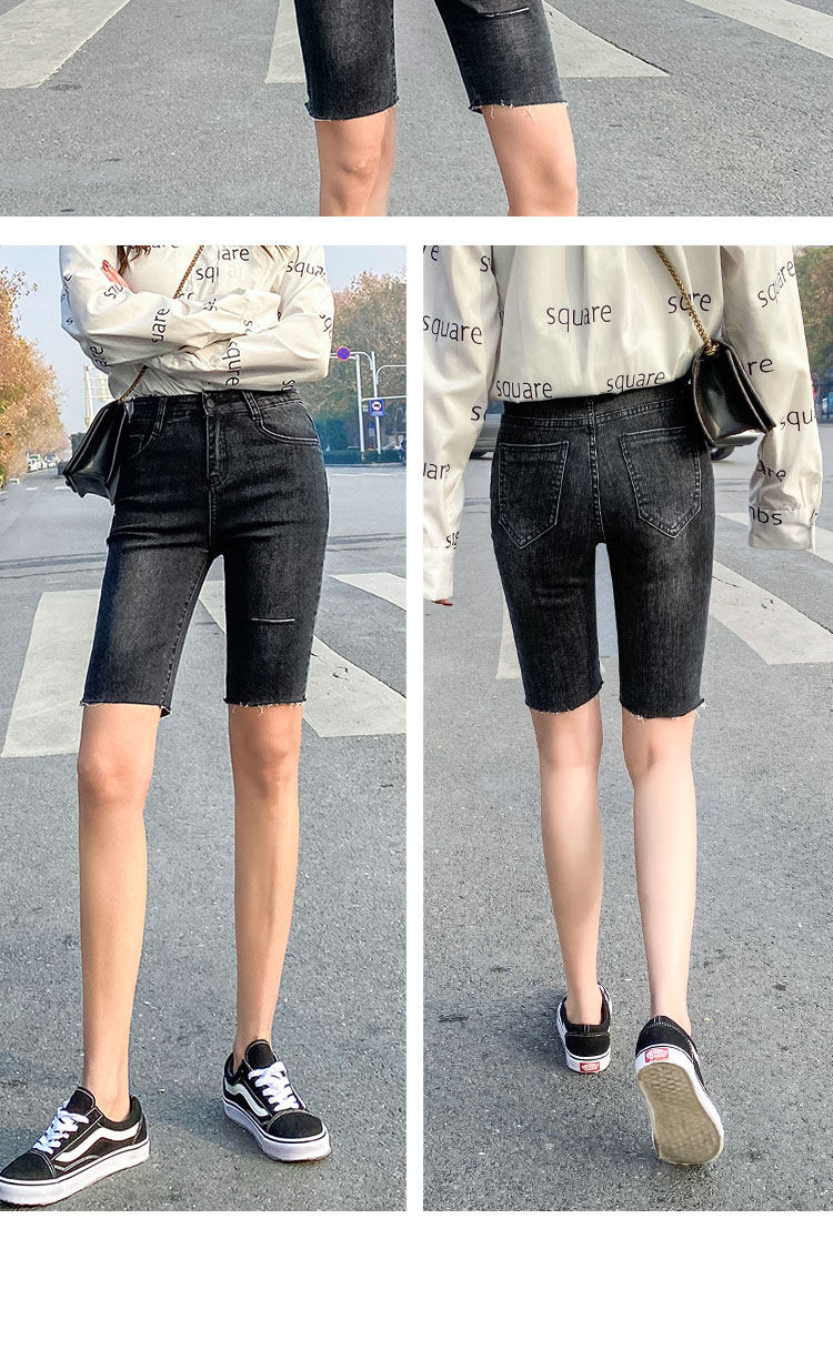 5分牛仔短裤女超高腰紧身女装2022夏季薄中裤直筒过膝五分裤 - 17网