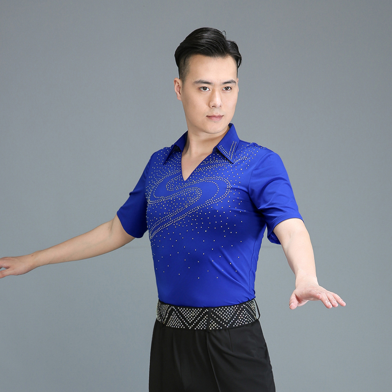 Men royal blue ballroom dance shirt male latin dance tops stage performance chacha rumba salsa jive tango waltz dance shirts for male