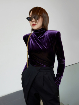 Z boss dress ruffled stand-up collar flat shoulder velvet top Womens double-layer design two-color velvet one-piece long-sleeved T-shirt