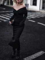 Z boss two wear V-neck shoulder dress high elastic long-sleeved slim medium-long section party senior evening women