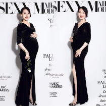 Pregnant women photography clothing new black velvet skirt tailing dress photo photo pregnant mother photo art photo clothing
