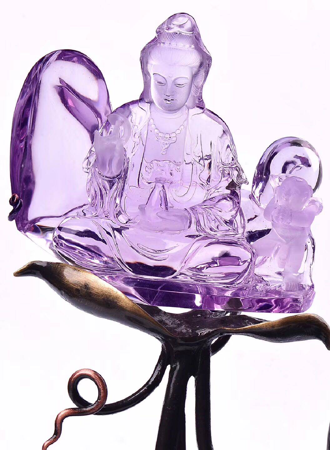 鸿硕天然水晶收藏品天然紫水晶精雕送子观音摆件 紫水晶观音摆件