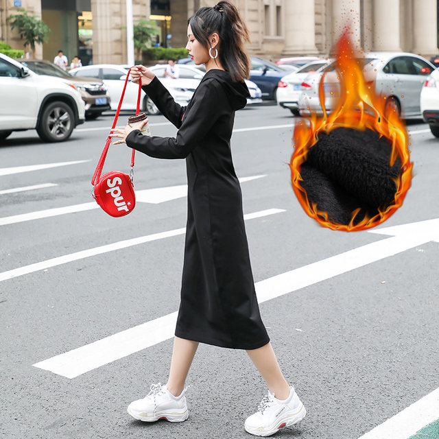 Long plus velvet thick sweater over the knee hooded repair dress 2020 winter large size casual warm clothing female Long plus velvet thick sweater over the knee hooded repair dress 2020 winter large size casual warm clothing female
