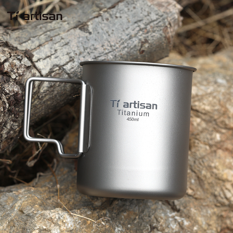 Titanium craftsman outdoor pure titanium cup drink water metal tea cup camping tea cup coffee cup folding handle portable water cup