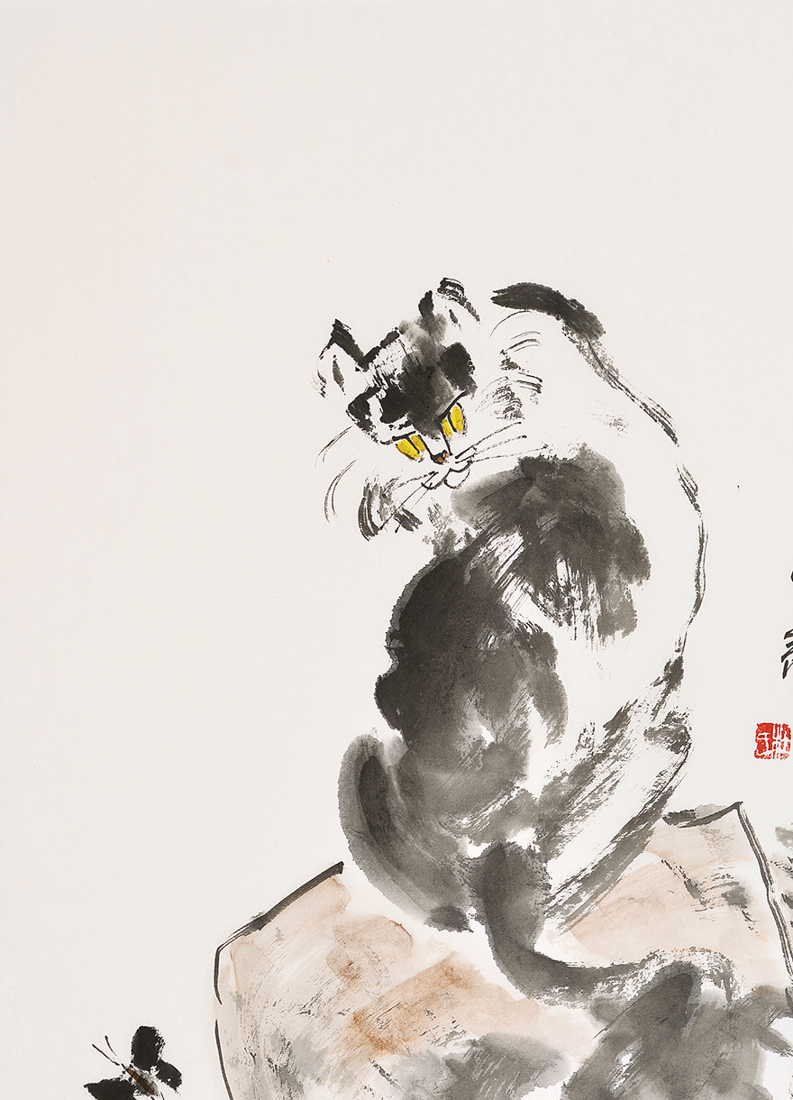 【一物三证】杜金声《猫蝶图》客厅装饰挂画手绘真迹