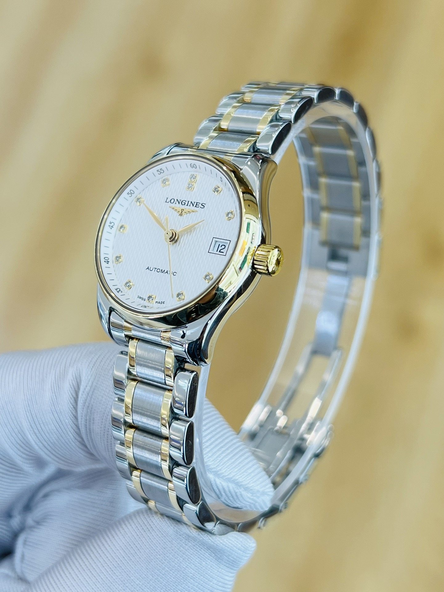 5折即拍浪琴名匠18k金原镶时标钻自动机械95新女表l2.128.5.77.