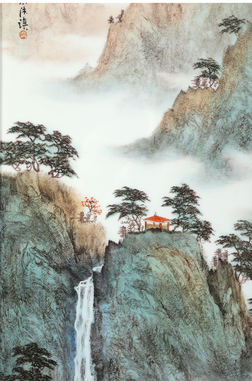 非遗传承人杨文华作品《高山流水》 景德镇手绘山水瓷板画