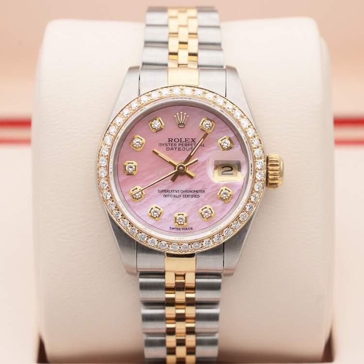 劳力士女装日志型18k黄金粉贝母镶钻自动机械手表女士9.8新69173