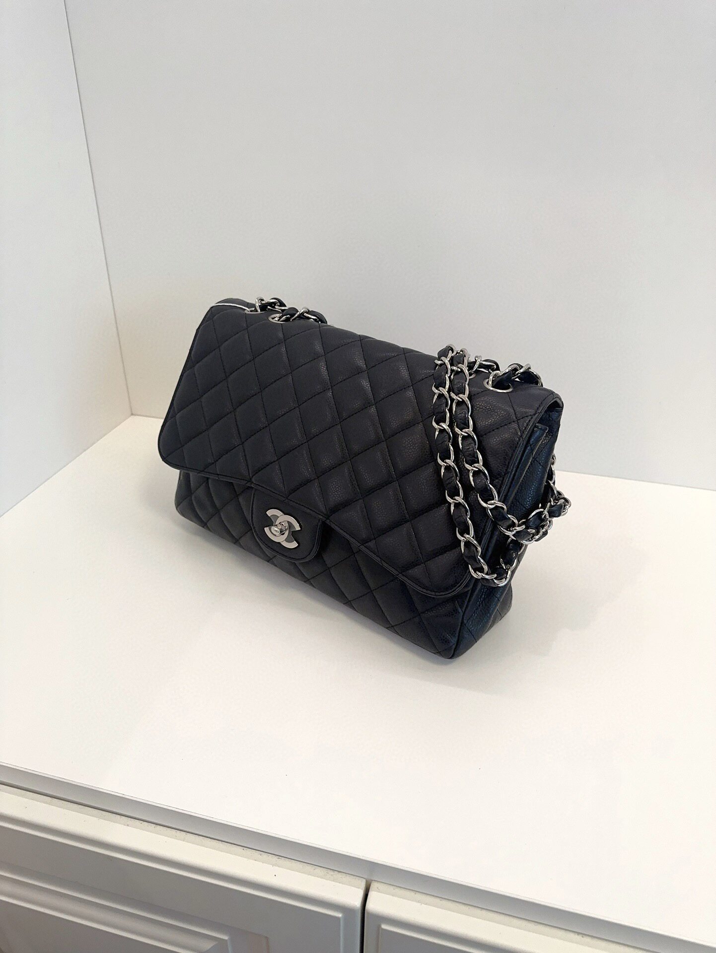 正品[9.8新]chanel香奈儿cf黑银荔枝皮单盖jumbo链条包单肩斜挎包