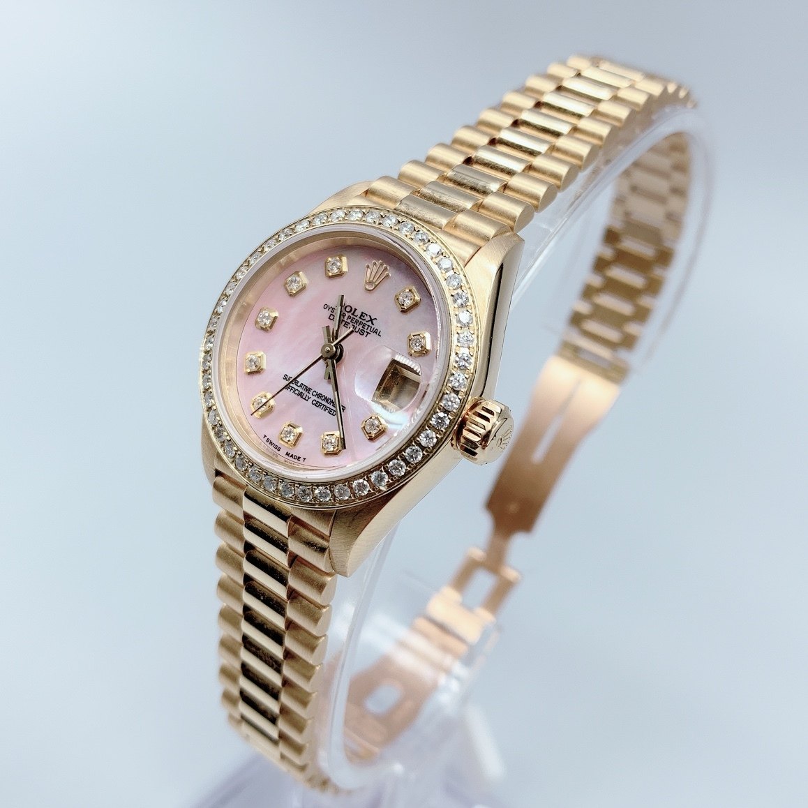 98新劳力士粉贝母日志型系列黄金镶钻自动机械手表女士正品69178