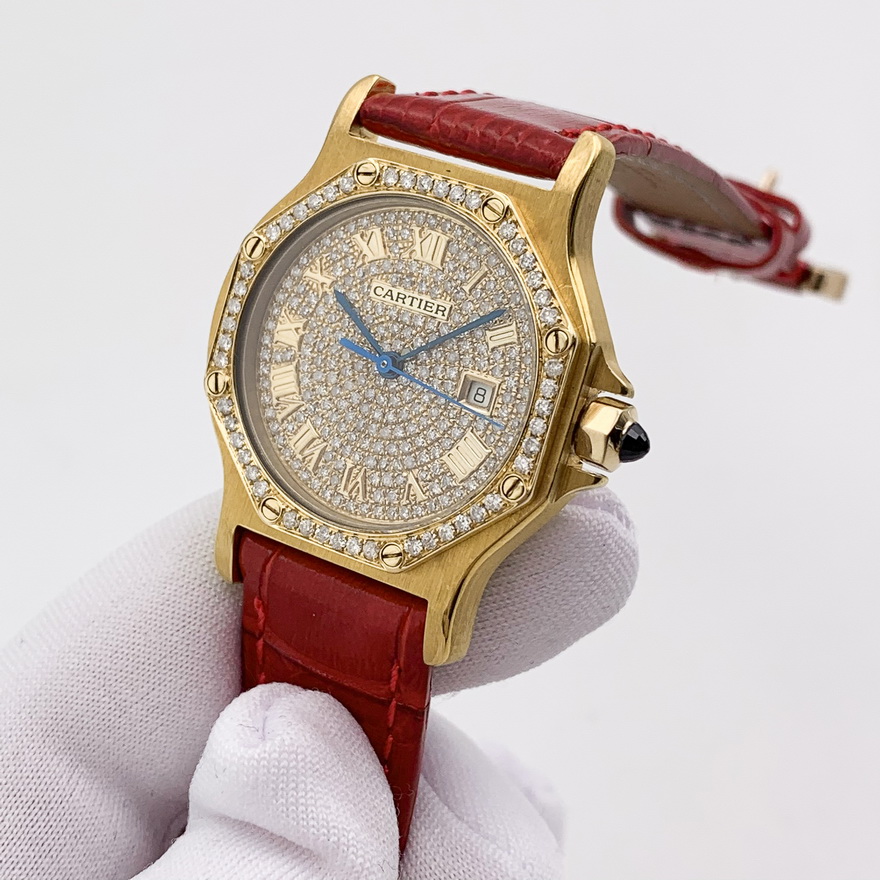 中检9.5新卡地亚手表女公价约9万元18k黄金后钻满钻自动机械腕表