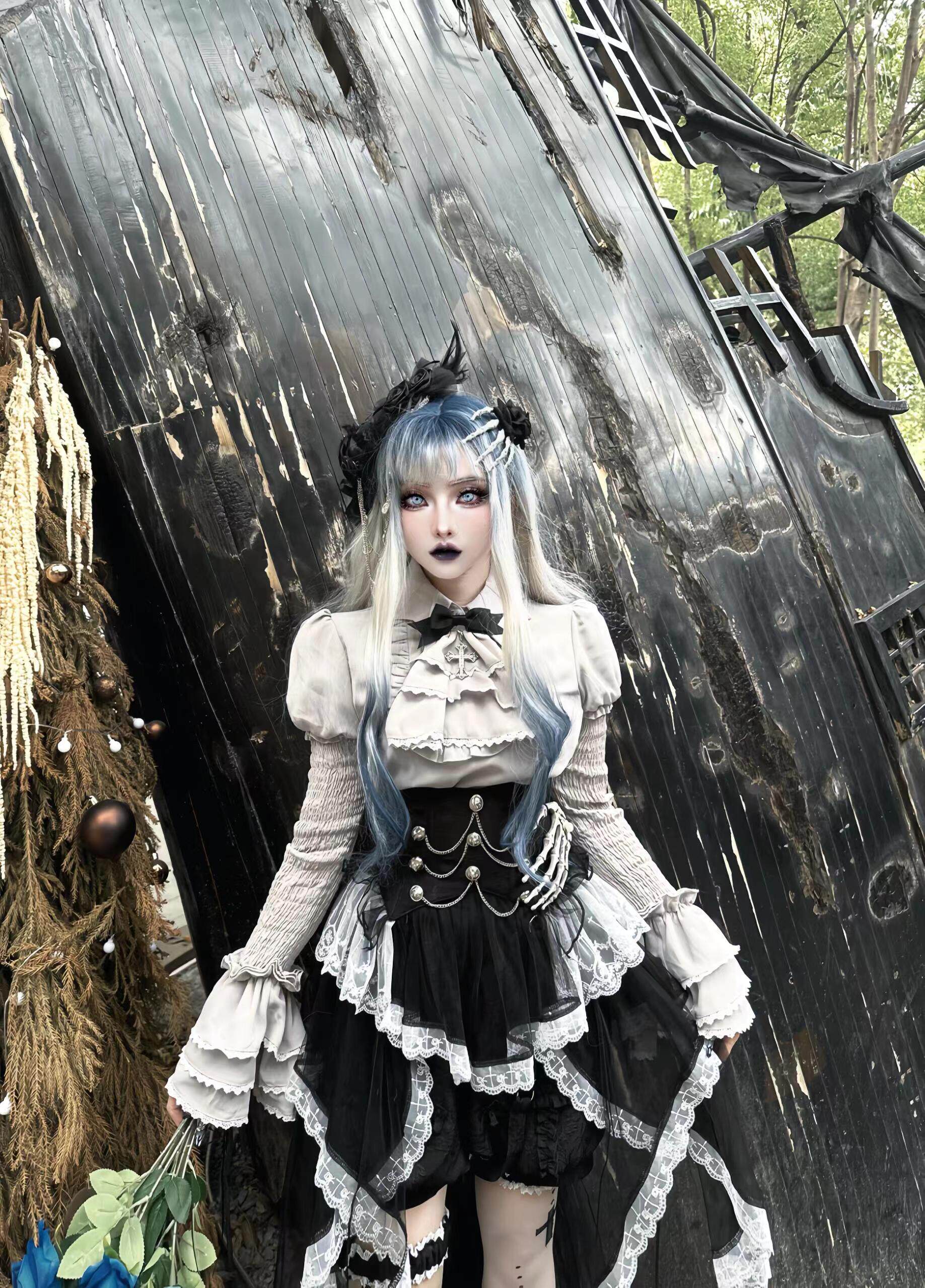 灰暗童话lolita哥特暗黑少女风复古洋装洛丽塔灯笼长袖连衣裙套装