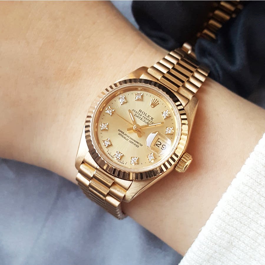 正品劳力士女表日志型69178金盘原镶钻18k黄金自动机械手表9.8新