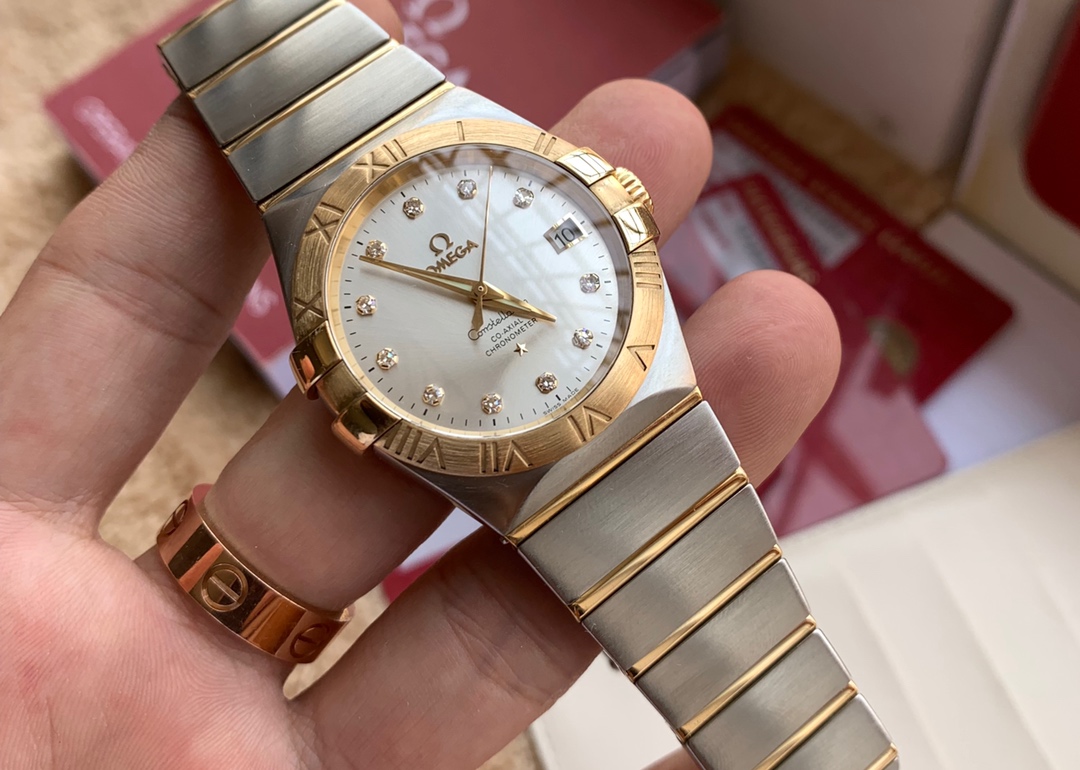 低价捡漏98新欧米茄星座18k黄金自动机械男表123.20.