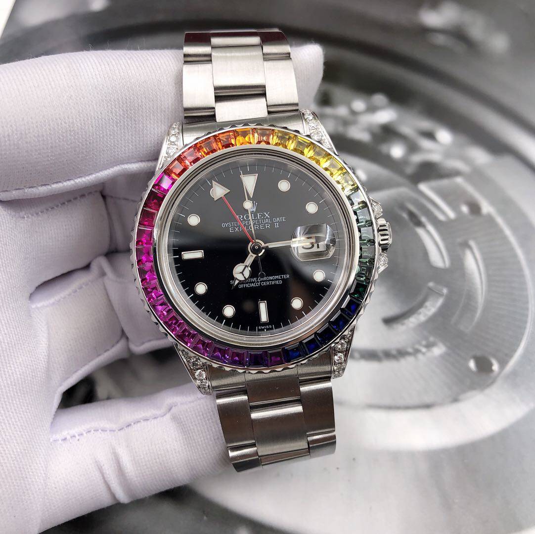 假一赔三[95新]劳力士探险家系列彩虹圈精钢16570后镶钻男表