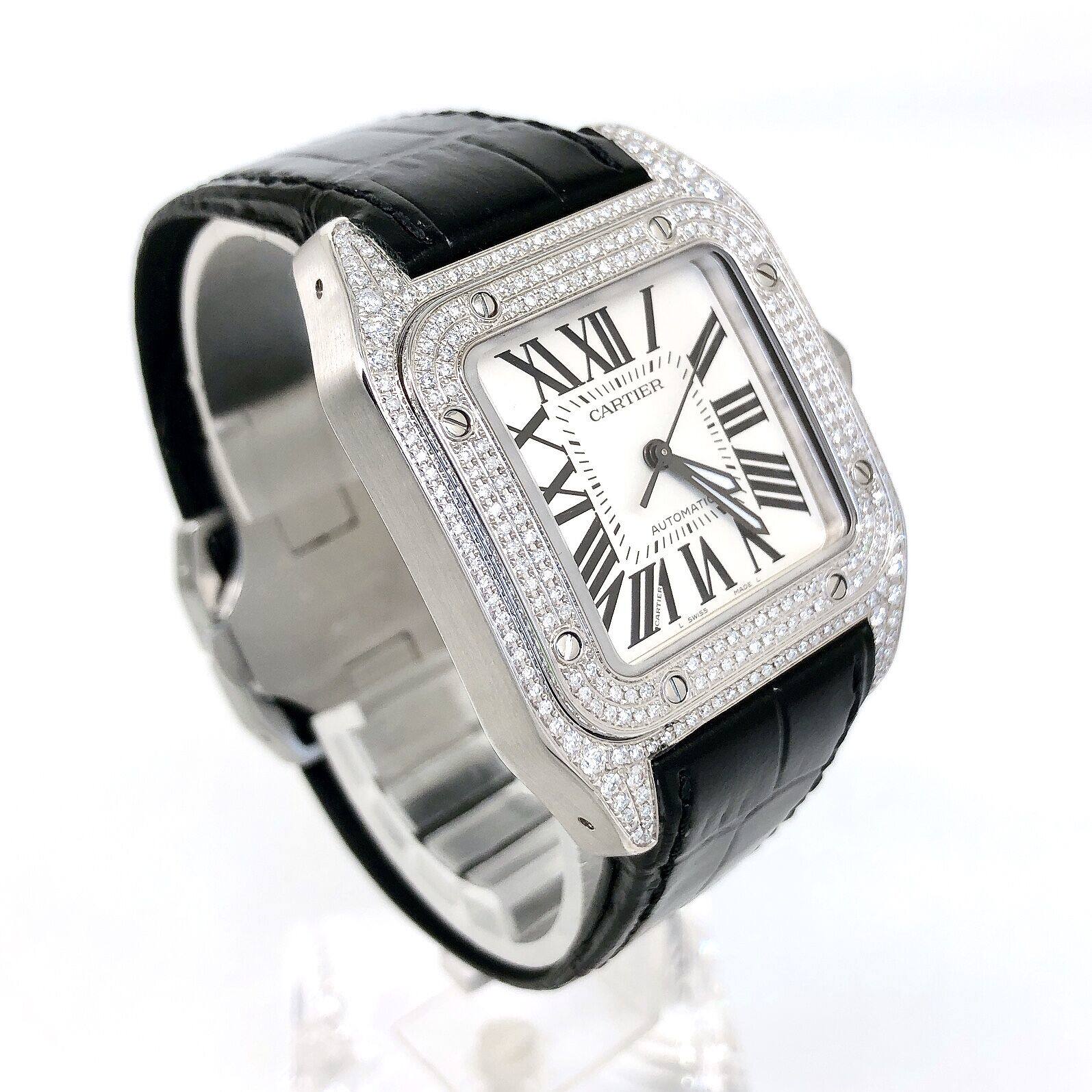 主推爆款[9.5新]卡地亚山度士系列中号精钢后镶钻自动机械男腕表