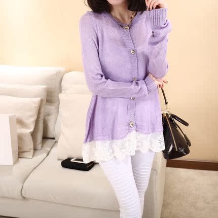 女装春装新款韩版淑女型下摆蕾丝花边开衫针织