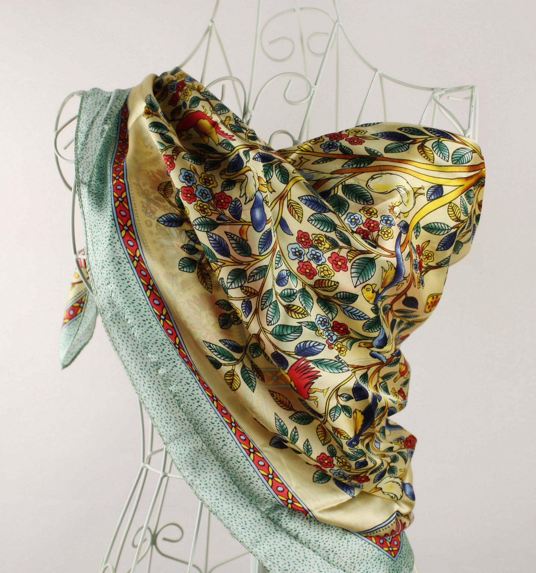 真丝围巾桑蚕丝大方巾丝巾女 素绉缎印度风情图案围巾丝巾