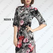 2019 spring and autumn new ink pink rose silk rotten velvet fashion improvement medium long sleeve short cheongsam