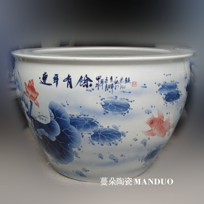 Jingdezhen blue and white lotus red carp hand - made porcelain crock peony color peony painting and calligraphy cylinder 800