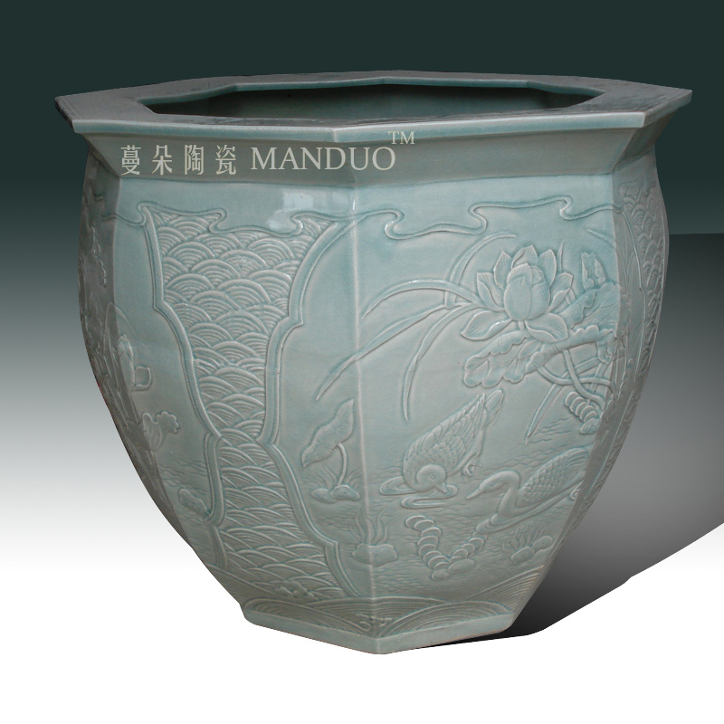 Jingdezhen square porcelain its of VAT relief porcelain, celadon VAT archaize classical embossed lotus vats