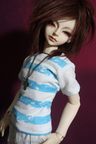 4 3 minutes 17 great uncles BJD SD va with short sleeves navy wind ~ Blue and white striped collared sleeves T ~