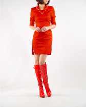 Red embroidered gold V neckline for marriage improvement Short-style qipao skirt small gown bridal toast with long sleeves