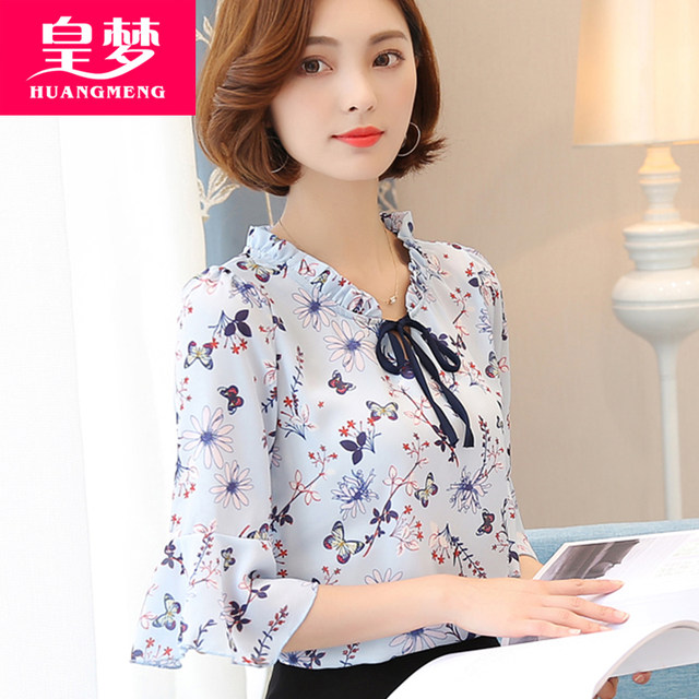 Chiffon shirt short-sleeved 2020 summer new sweet trumpet sleeve floral loose printed small shirt shirt clothes women Chiffon shirt short-sleeved 2020 summer new sweet trumpet sleeve floral loose printed small shirt shirt clothes women