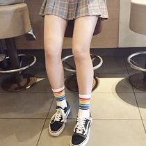 Korea INS trendy harbor wind minimalist striped black and white 100 hitch long cylinder thin cotton socks spring summer male and female stockings