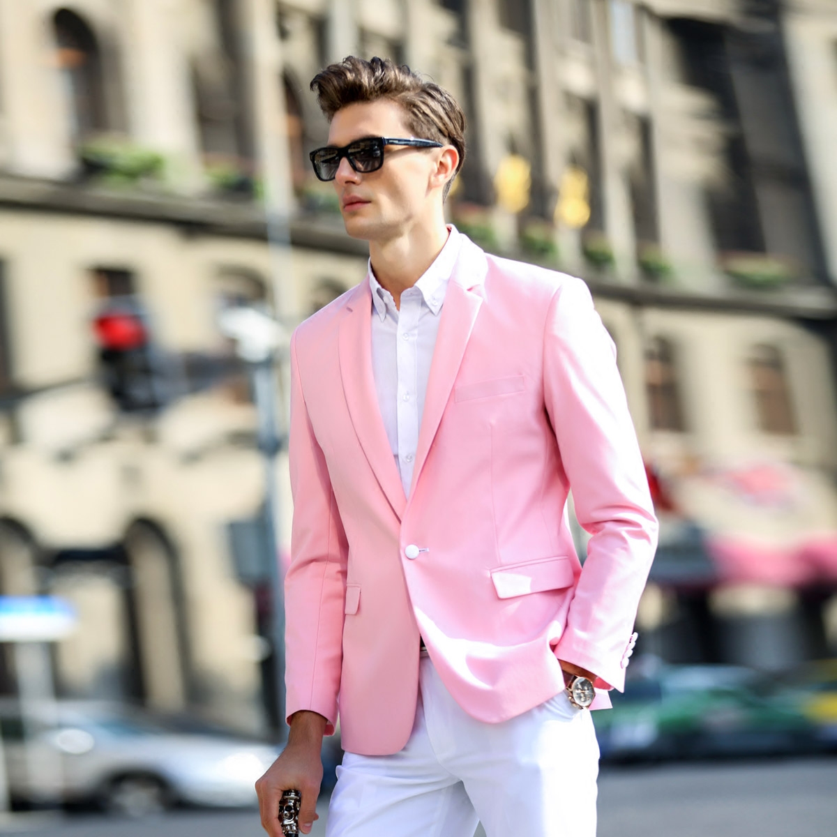 好意郎男士修身粉红色西服男式韩版粉色西装一粒扣双衩男英伦外套