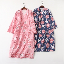 Japanese nightgown women's spring and summer long sleeve thin cute cherry blossom rabbit nightgown Japanese kimono pajamas sweat steamed suit bathrobe