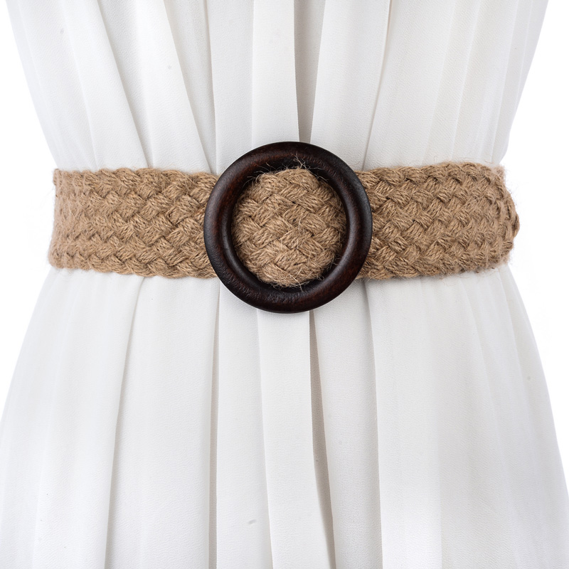 Fashionable All-Match Literary Style Cotton and Linen Wide Waist Seal Woven Mori Style with Skirt Belt Korean Style Wooden Buckle Decorative Belt