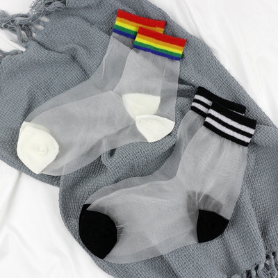 玻璃袜子女 日系小清新韩国透明学院风玻璃丝超薄夏天彩虹中筒袜