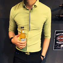 Korean shirt mens tide British Youth seven-point sleeve fashion Mens mid-sleeve thin shirt slim fit male hair stylist top
