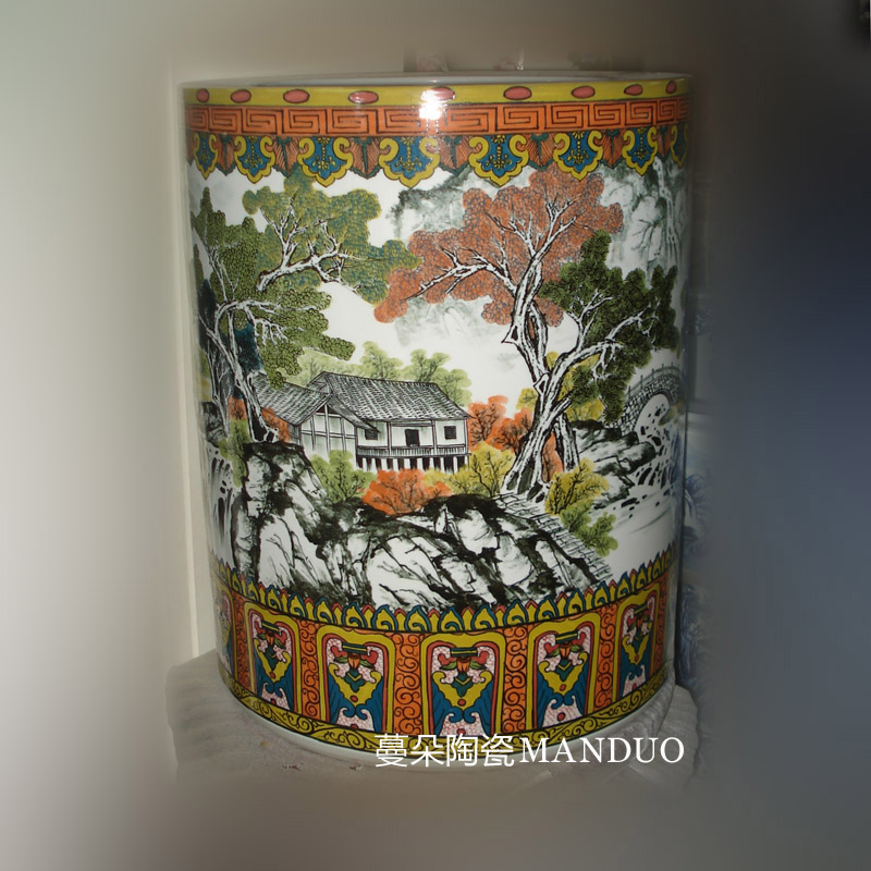 Jingdezhen hand - made color porcelain I quiver straight landscape under the glaze colorful color painting and calligraphy quiver cylinder