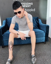 Summer mens ice silk short sleeve T-shirt men Korean version of tide slim youth striped men tight thin sweater sweater