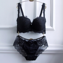 Sexy lace deep V thin large size black gathered adjustment bra set White small chest gathered underwear panties