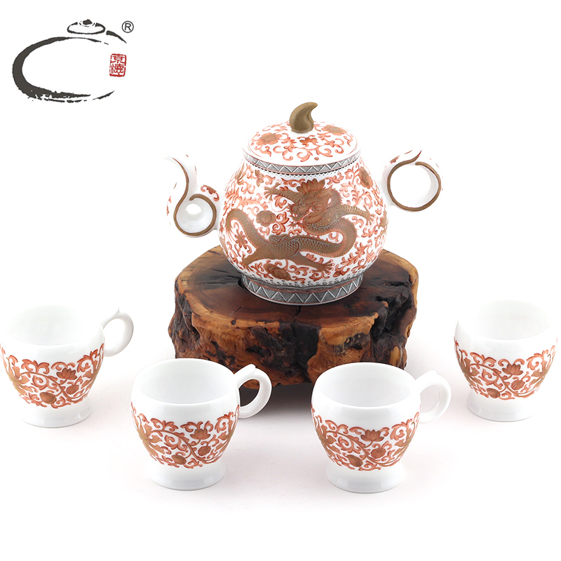 And auspicious master hand draw a complete set of tea sets jingdezhen ceramic teapot sample tea cup alum red paint pot of dragon group