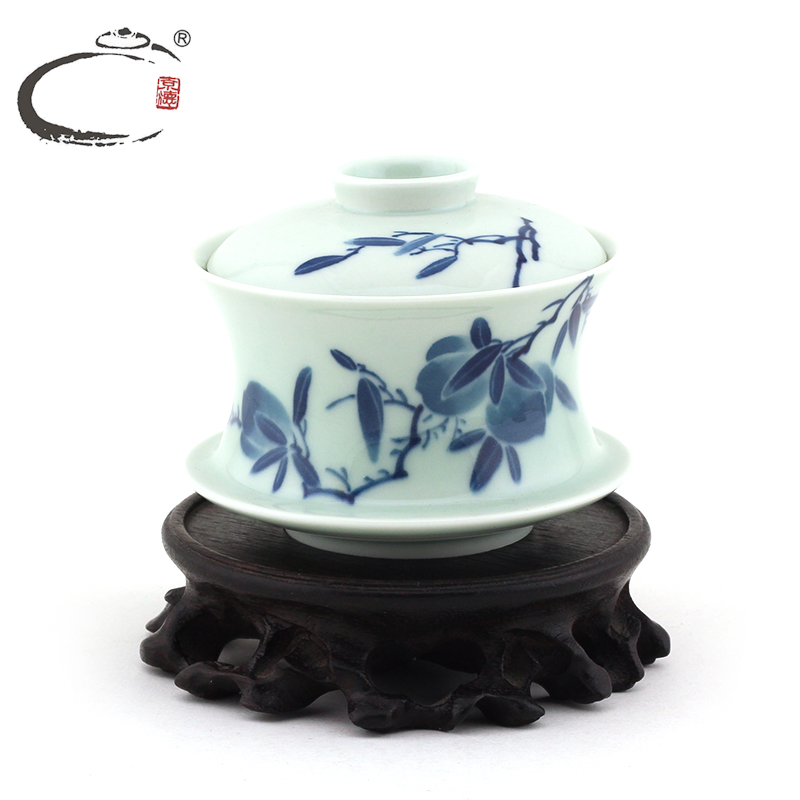 DE collection and auspicious Beijing peach tureen group of jingdezhen blue and white porcelain is hand - made kung fu tea tureen set of tea cups