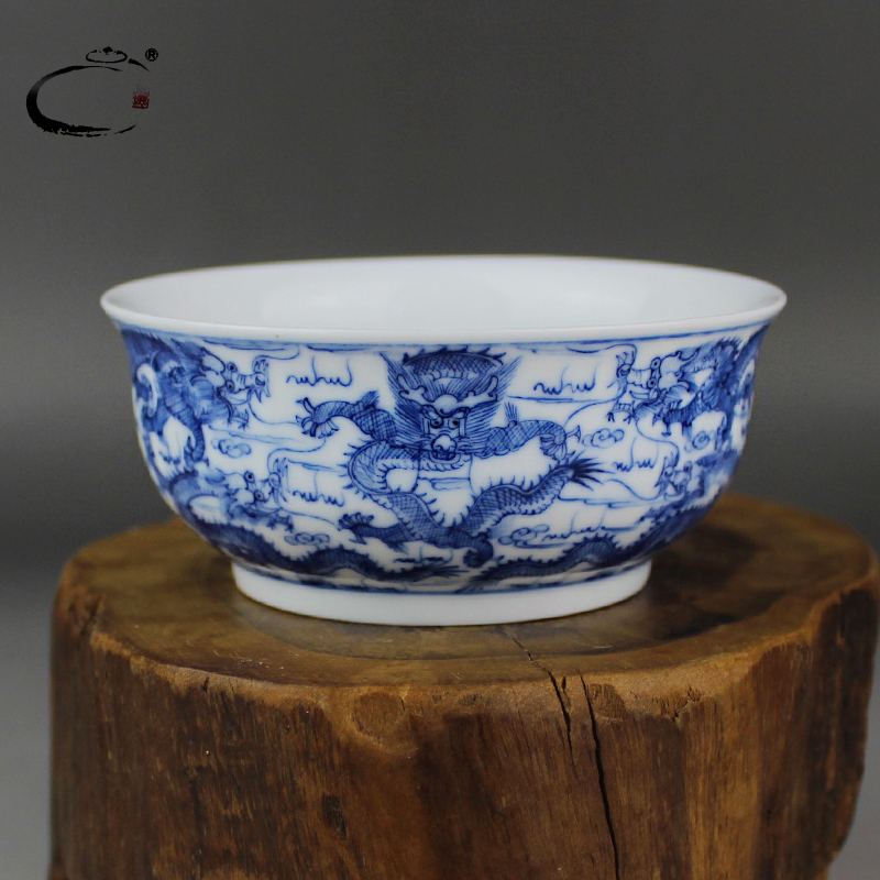 And auspicious jing DE up limited - edition ceramic cup sample tea cup large blue And white JiuLongBei kung fu tea cup drawing by hand