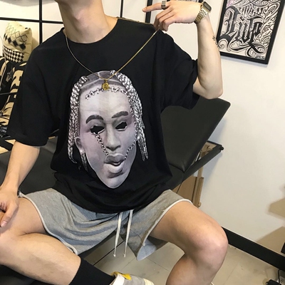 原创欧美街头潮流嘻哈人物头像印花宽松纯棉短袖t恤潮男女半袖tee