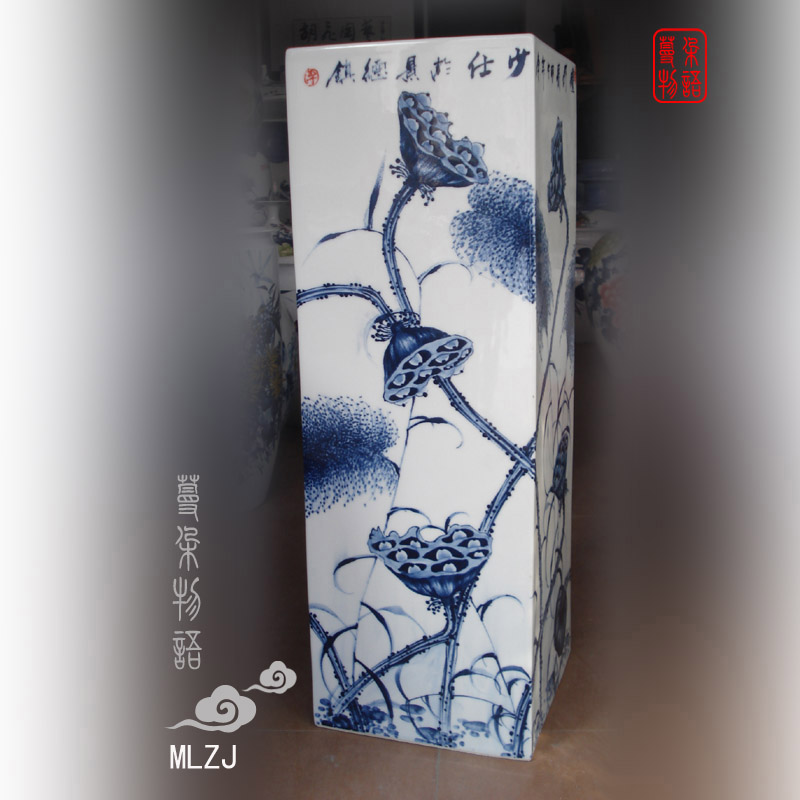 Jingdezhen blue and white lotus pure hand - made porcelain square vase zen furnishing articles abnormity square porcelain vase