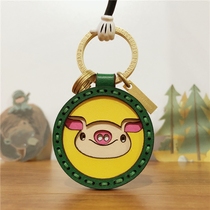 HULLY Zodiac Pig Original Handmade Cowhide Bag Pendant Female Car Keychain Male Creative Birthday Gift