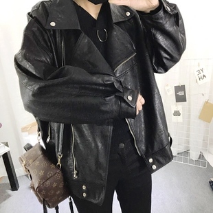 皮衣 东大门chocoholic 中长外套宽松 春秋斜拉链大