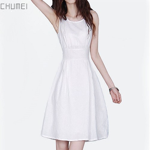 初美小白裙连衣裙修身棉麻文艺小清新女装亚麻无袖a字裙短款收腰_7折