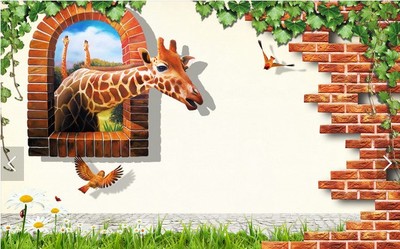 大型壁画3d砖墙儿童房背景墙纸立体假窗长颈鹿拍照背景壁纸墙布