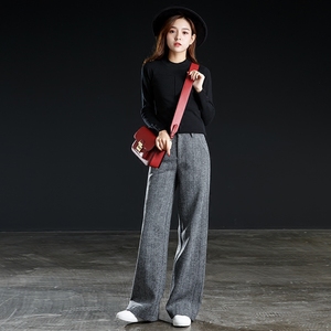 大码女裤毛呢阔腿裤女秋冬2018新款长裤宽松加厚高腰羊毛休闲裤子