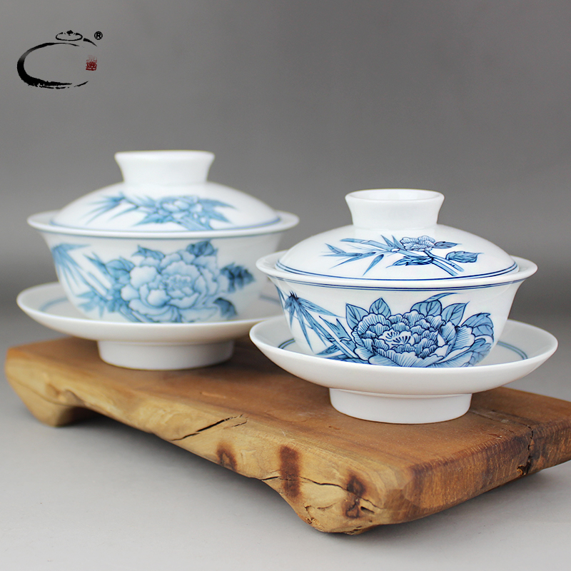 Jing DE and auspicious jingdezhen porcelain tureen large kung fu tea set hand made peony riches and honour tureen cup three bowls